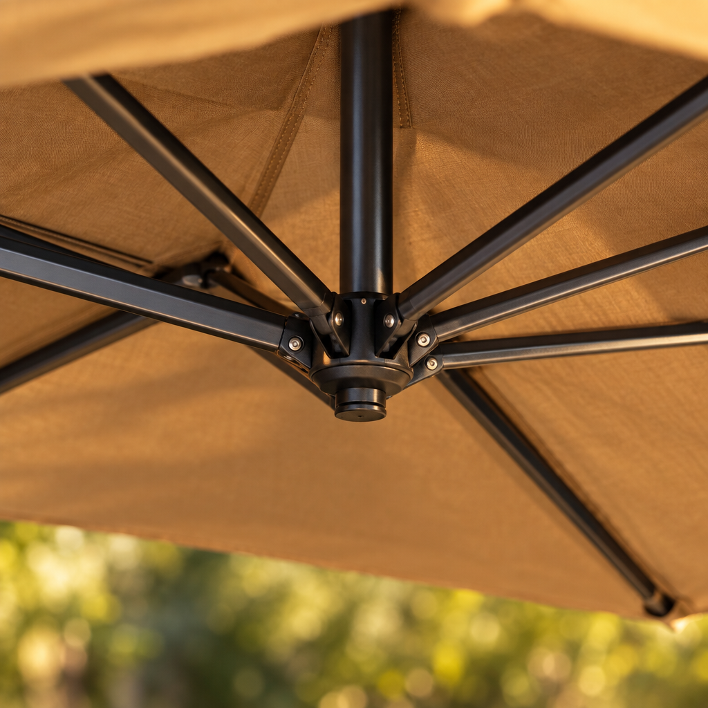 Side Post Patio Umbrella, 9.8 ft, 8 Iron Ribs, Coffee