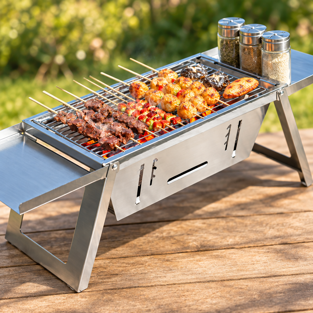 3-in-1 Folding Charcoal Grill and Fire Pit, Stainless Steel