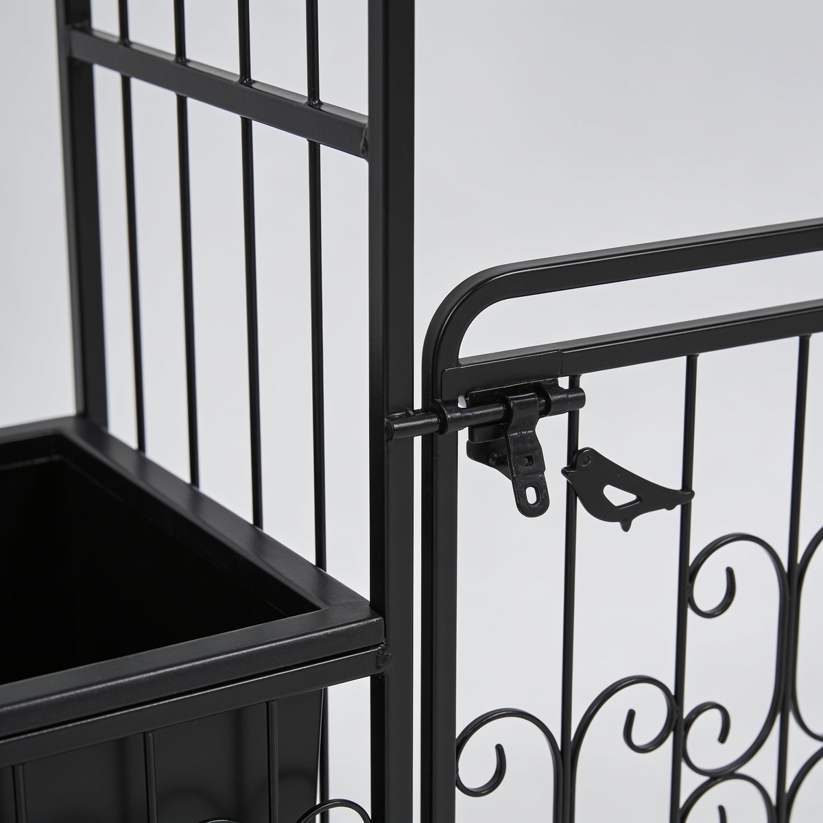Iron Garden Arbor Arch with Gate and Planter, Black