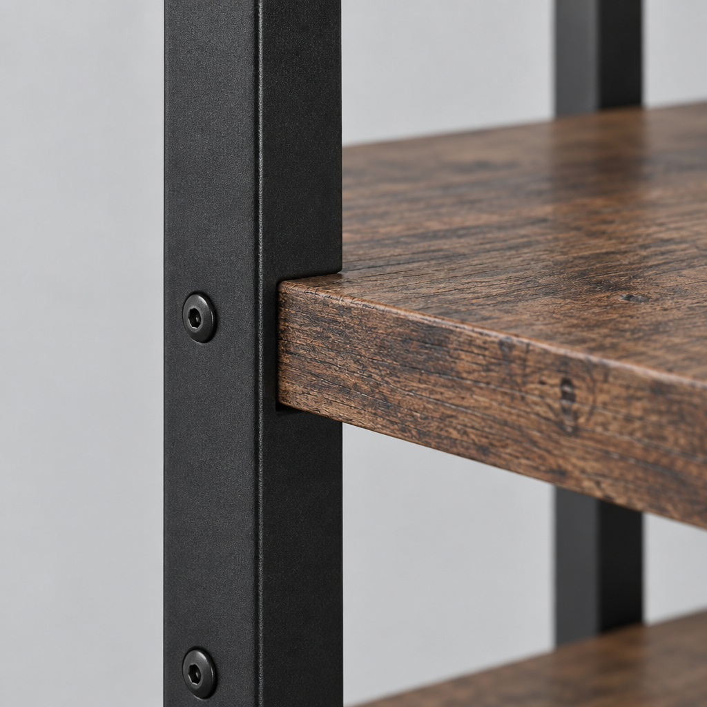 6-Tier Staggered Bookshelf, Black Metal and Wood