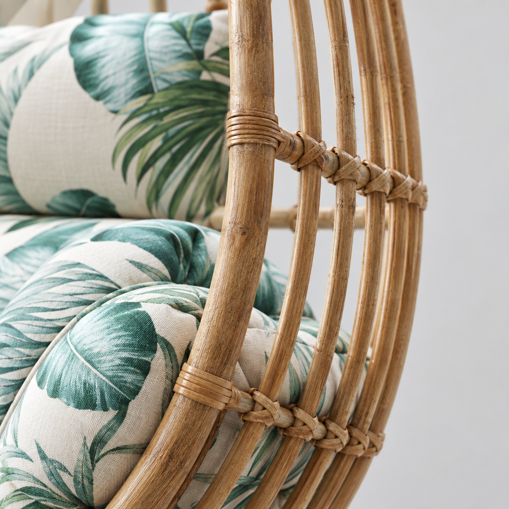 Egg Chair Cushion with Headrest, Blue Beige Leaf, 45 in