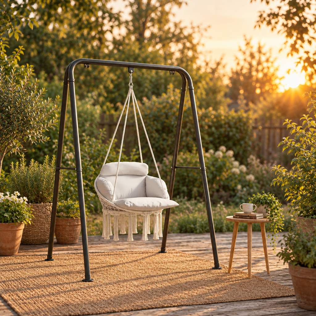 Macrame Hammock Chair and Steel Stand Set