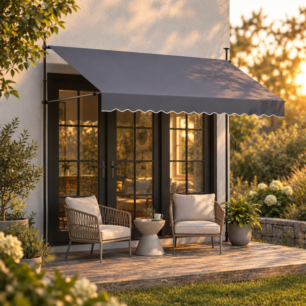 Retractable Patio Awning and RGB String Lights Set
