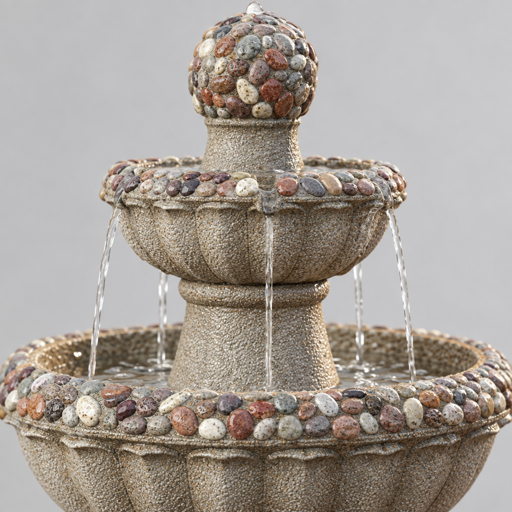 2-Tier Outdoor Water Fountain, Rock Base, 36.5 in, Grey