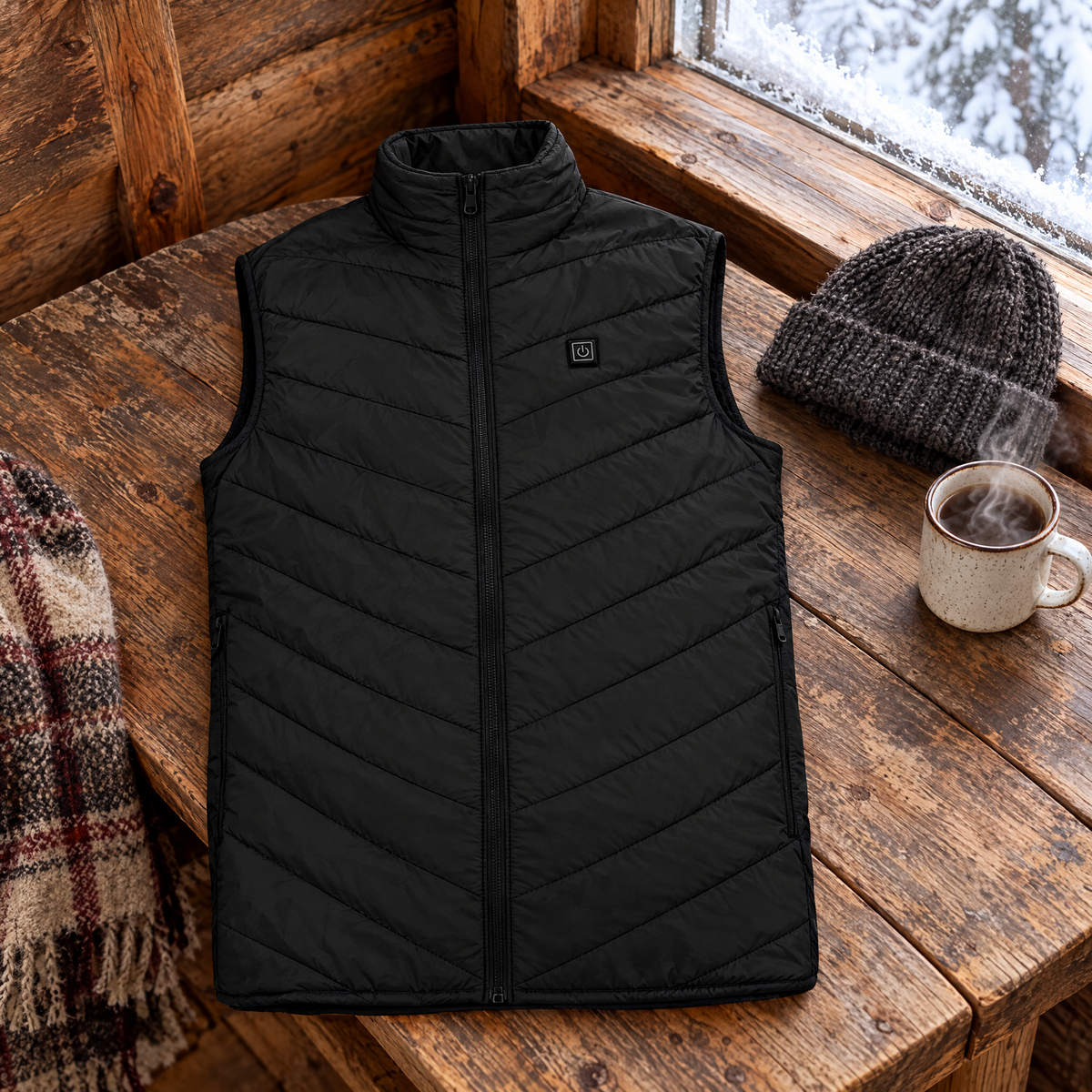Black heated vest on cabin bench