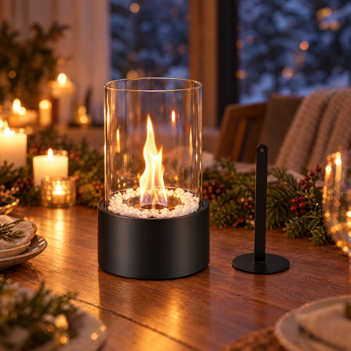 Tabletop fire pit on dining table