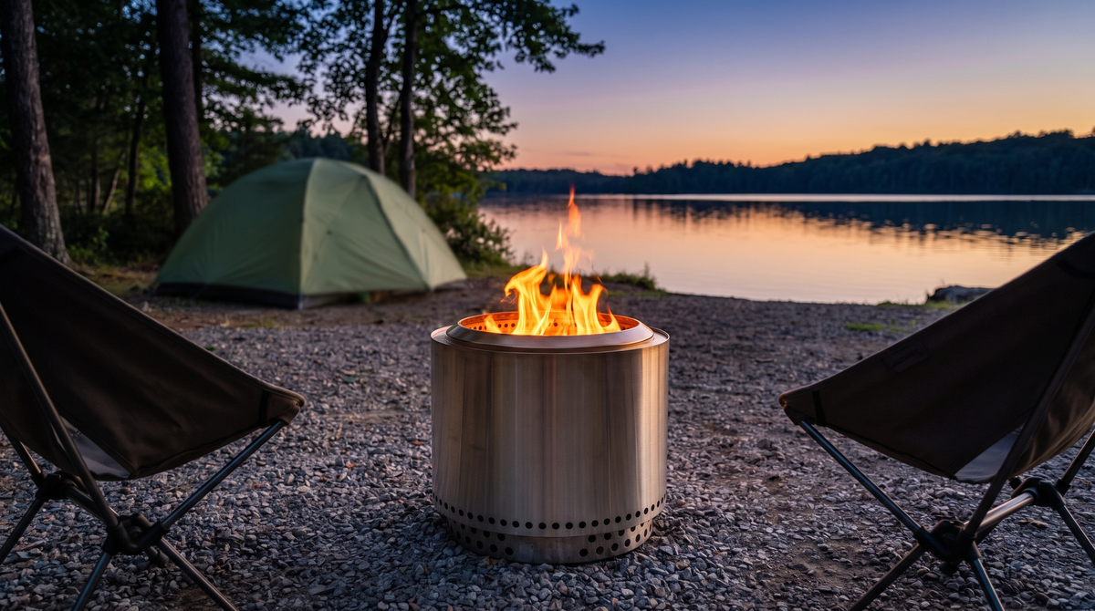 An unbranded stainless steel fire pit burning between two camp chairs on a gravel lakeshore at dusk