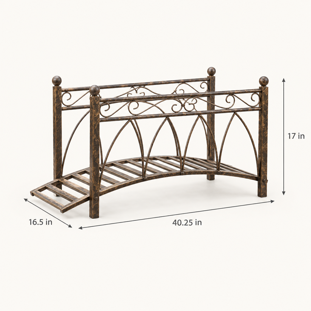 3.3 ft Arched Metal Garden Bridge with Handrails, Bronze dimensions