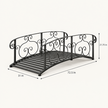 6 ft Arched Metal Garden Bridge with Side Rails, Black dimensions