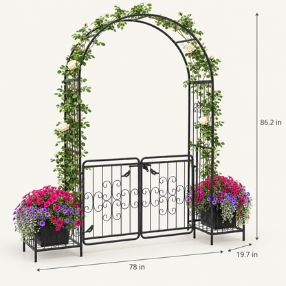 Iron Garden Arbor Arch with Gate and Planter, Black dimensions