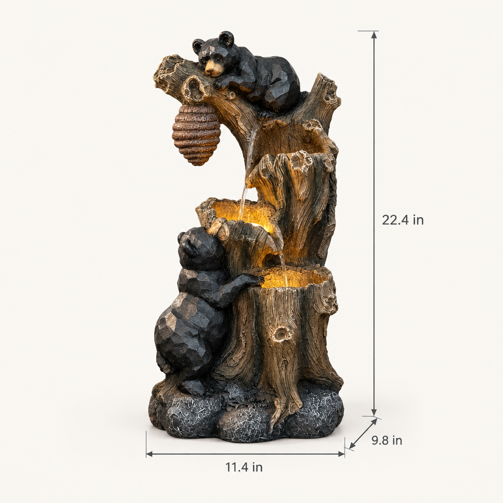 22.4 in 3 Tier Resin Bear and Beehive Outdoor Fountain dimensions