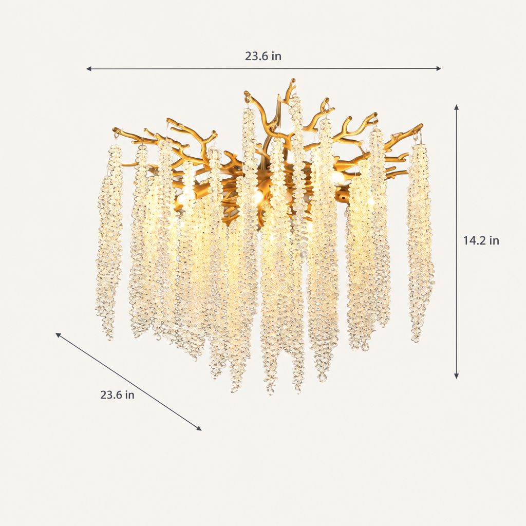 23.6 in Gold Pendant Light with Cascading Crystal Strands dimensions