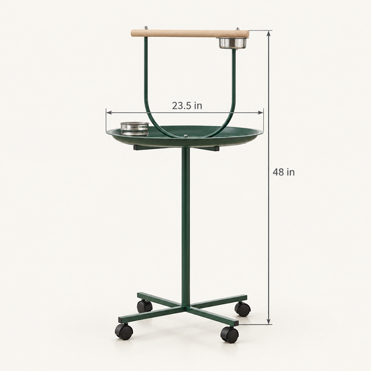 48 in Rolling Bird T-Stand with Perch and Bowls, Green dimensions