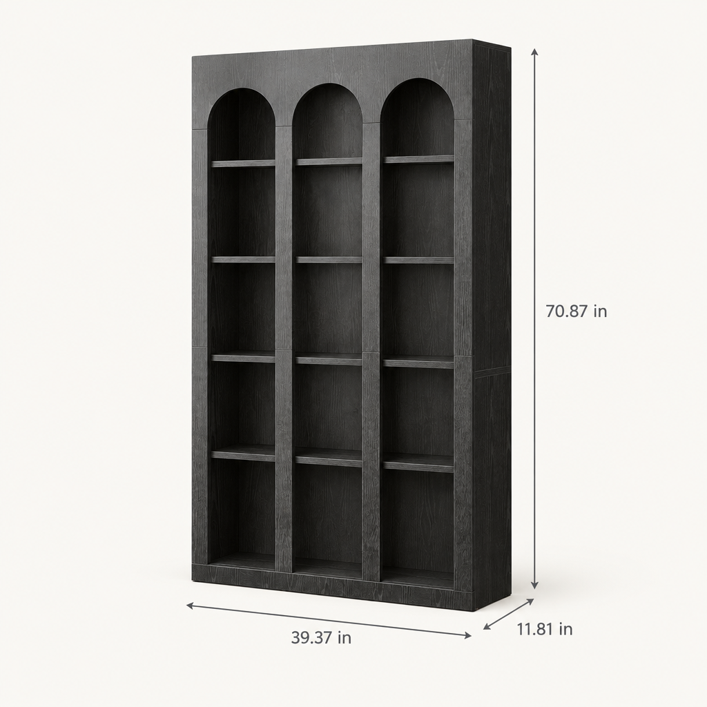 70.9 in Arched Farmhouse Bookshelf, Black Wood Grain dimensions