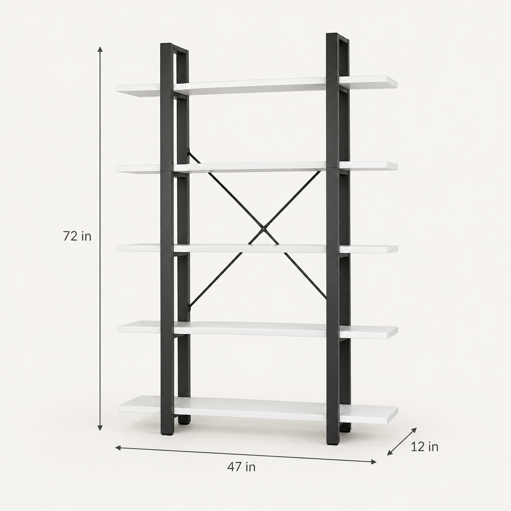 5-Shelf Bookcase 72 in Tall, Black and White dimensions