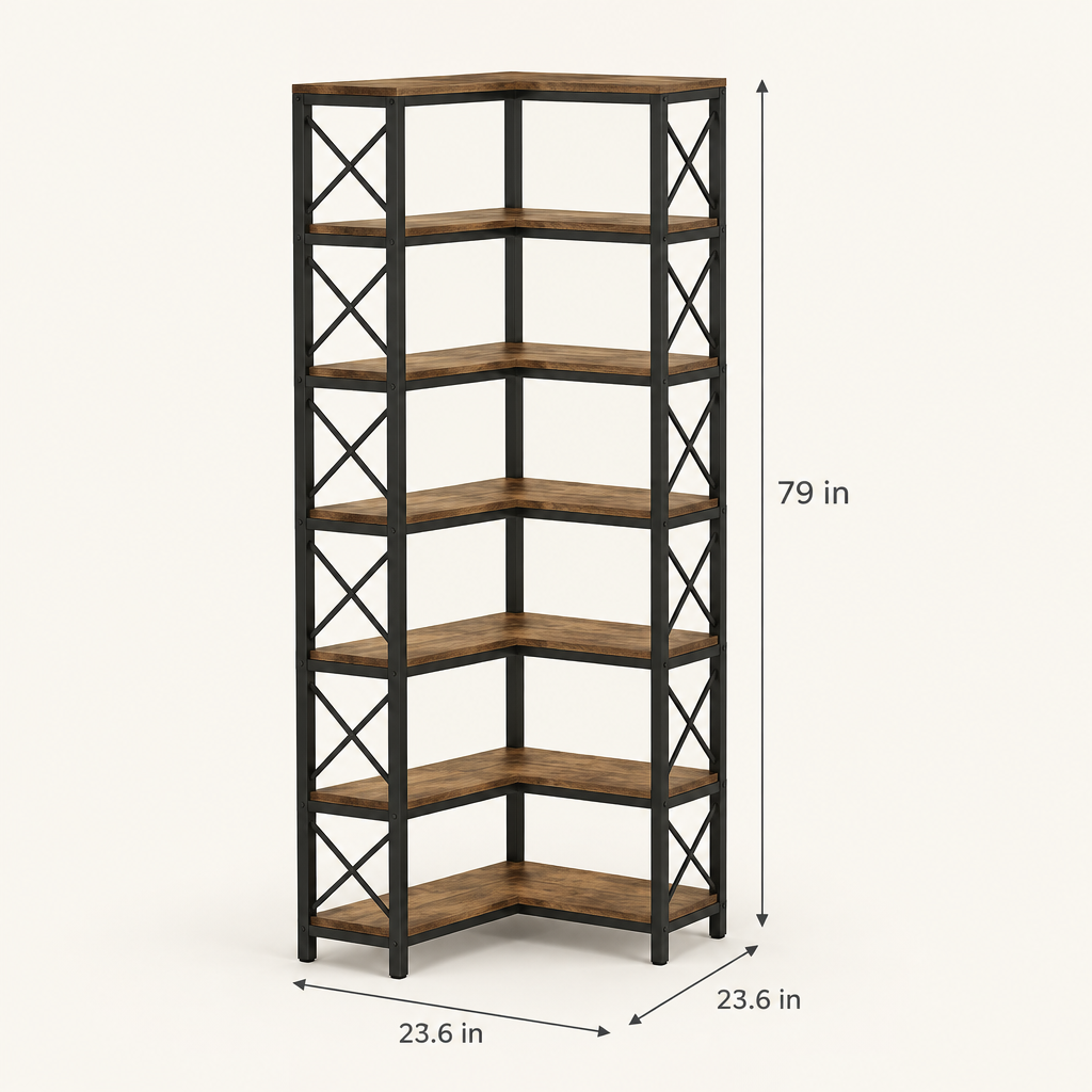 Corner Bookshelf 79 in Tall with X-Bar Frame, Grey dimensions