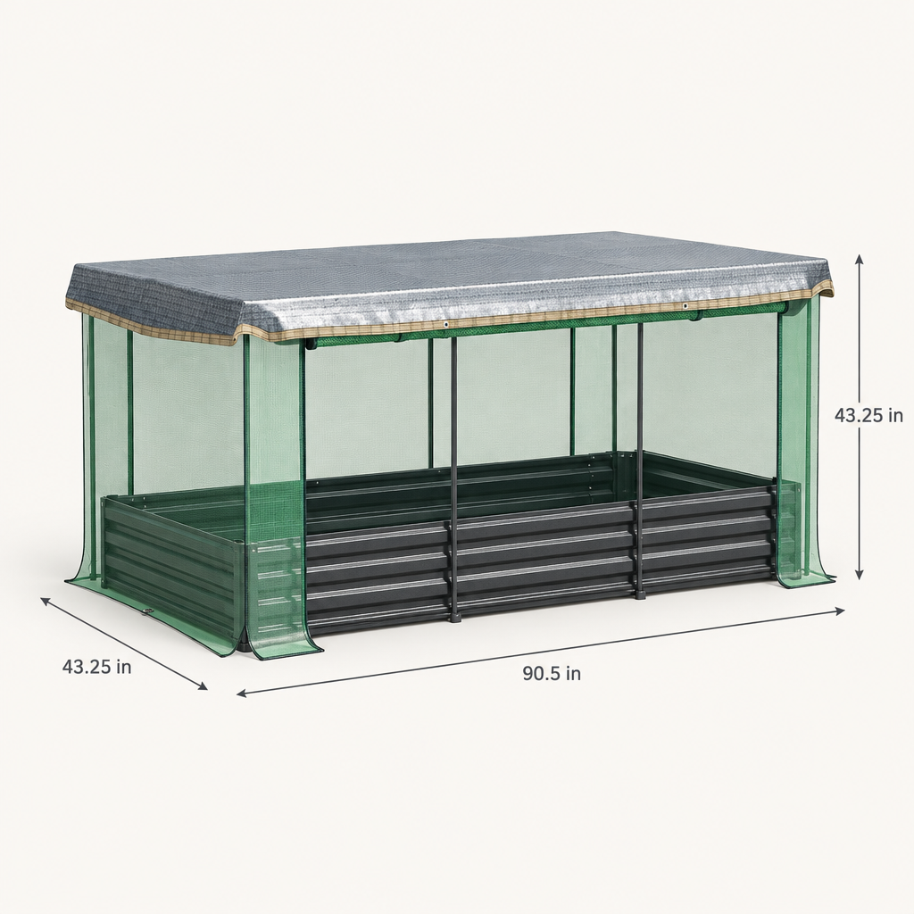 Raised Garden Bed with Crop Cage and Shade Cloth, Gray dimensions