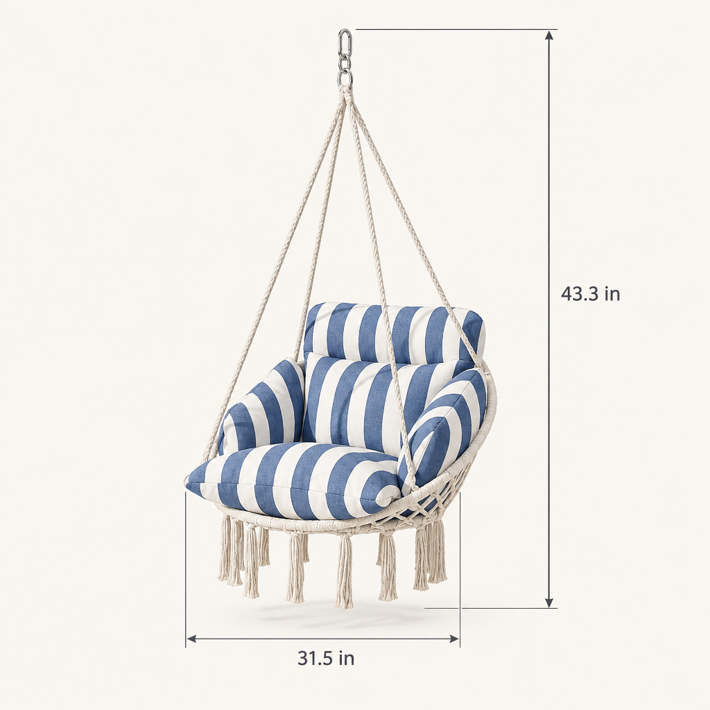 Hanging Hammock Swing Chair with Cushion, Blue and White dimensions