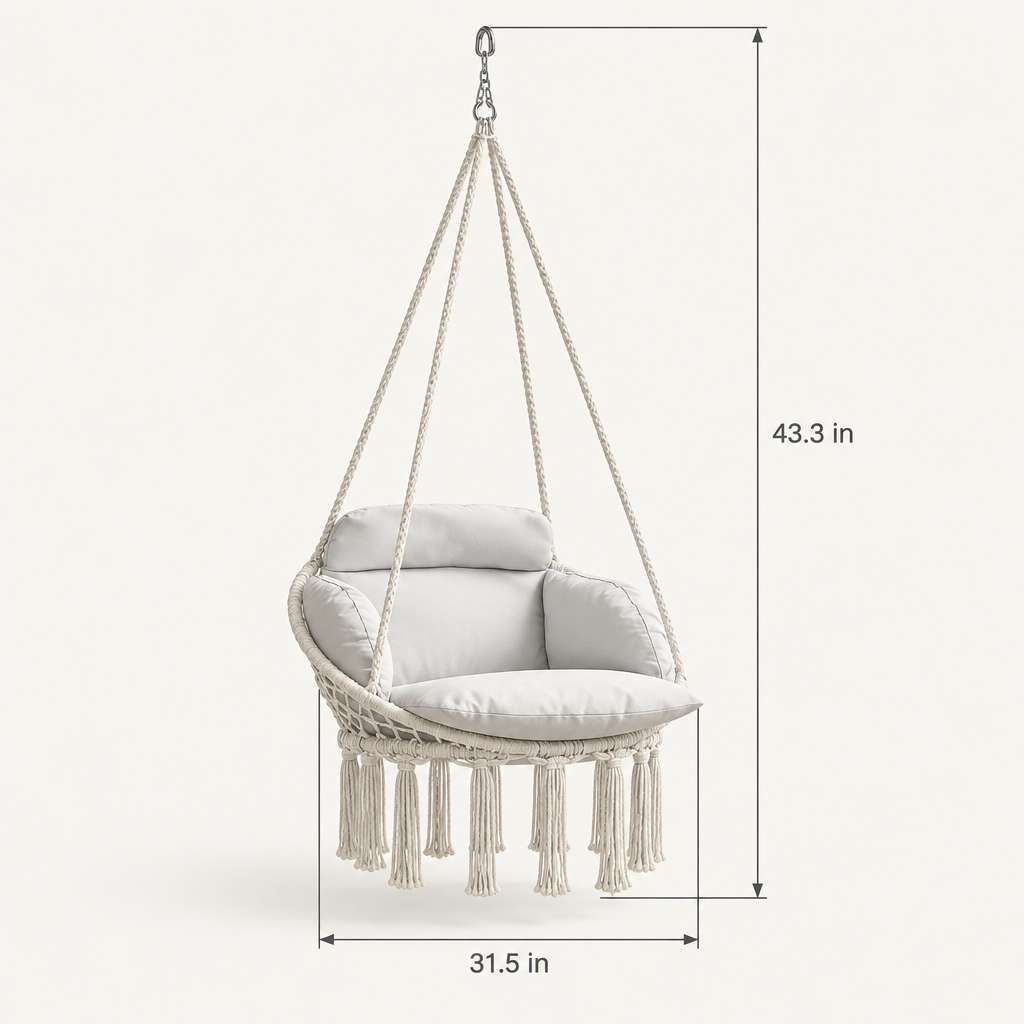 Macrame Hanging Hammock Swing Chair with Cushion, Gray dimensions