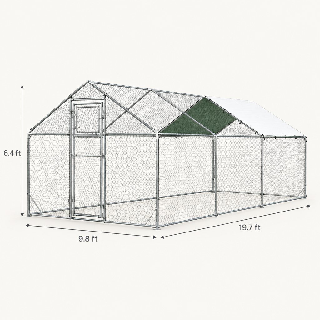 Walk-In Metal Chicken Run, 9.8 x 19.7 x 6.4 ft, Silver dimensions