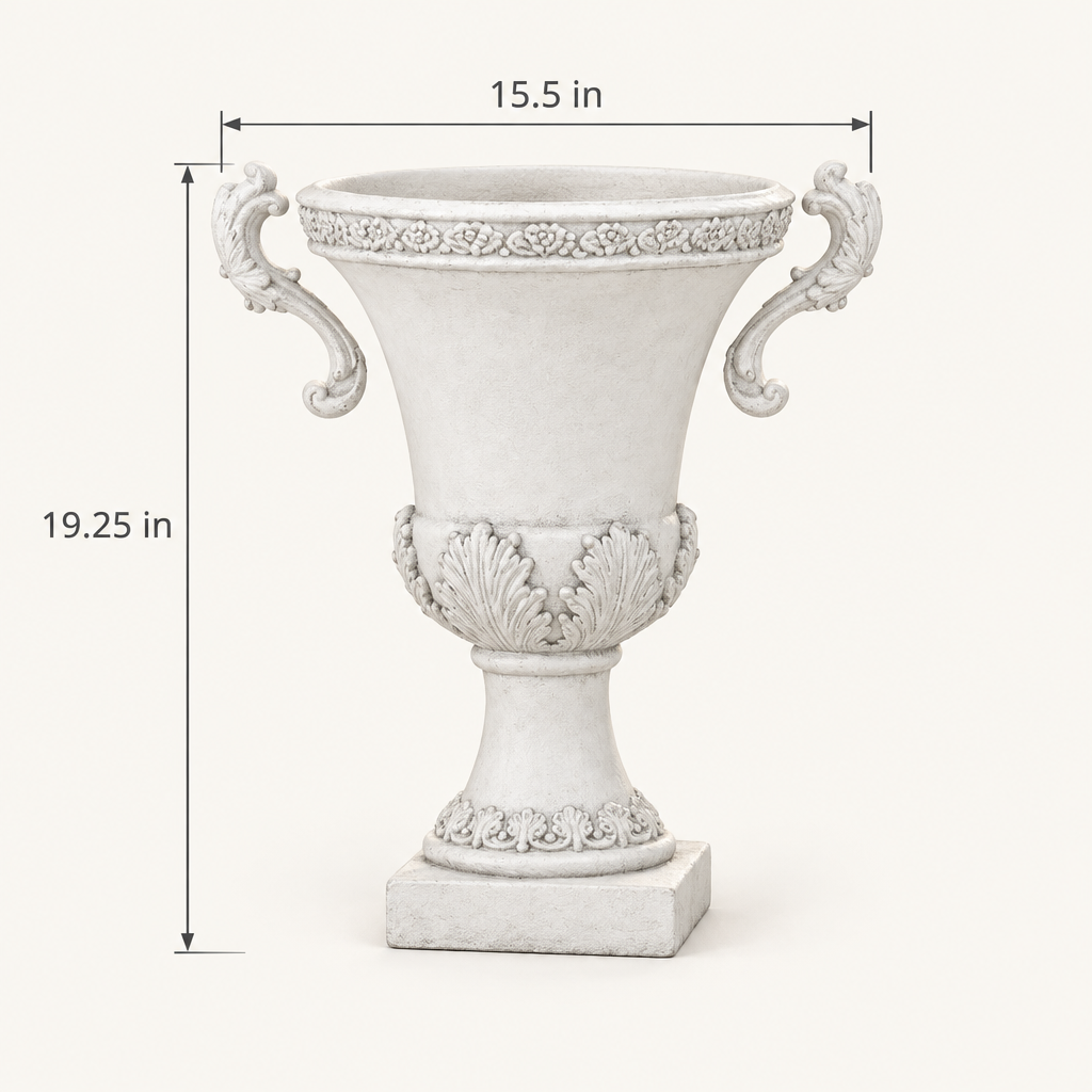 Antique White Magnesium Oxide Garden Urn Planter, 19 in dimensions