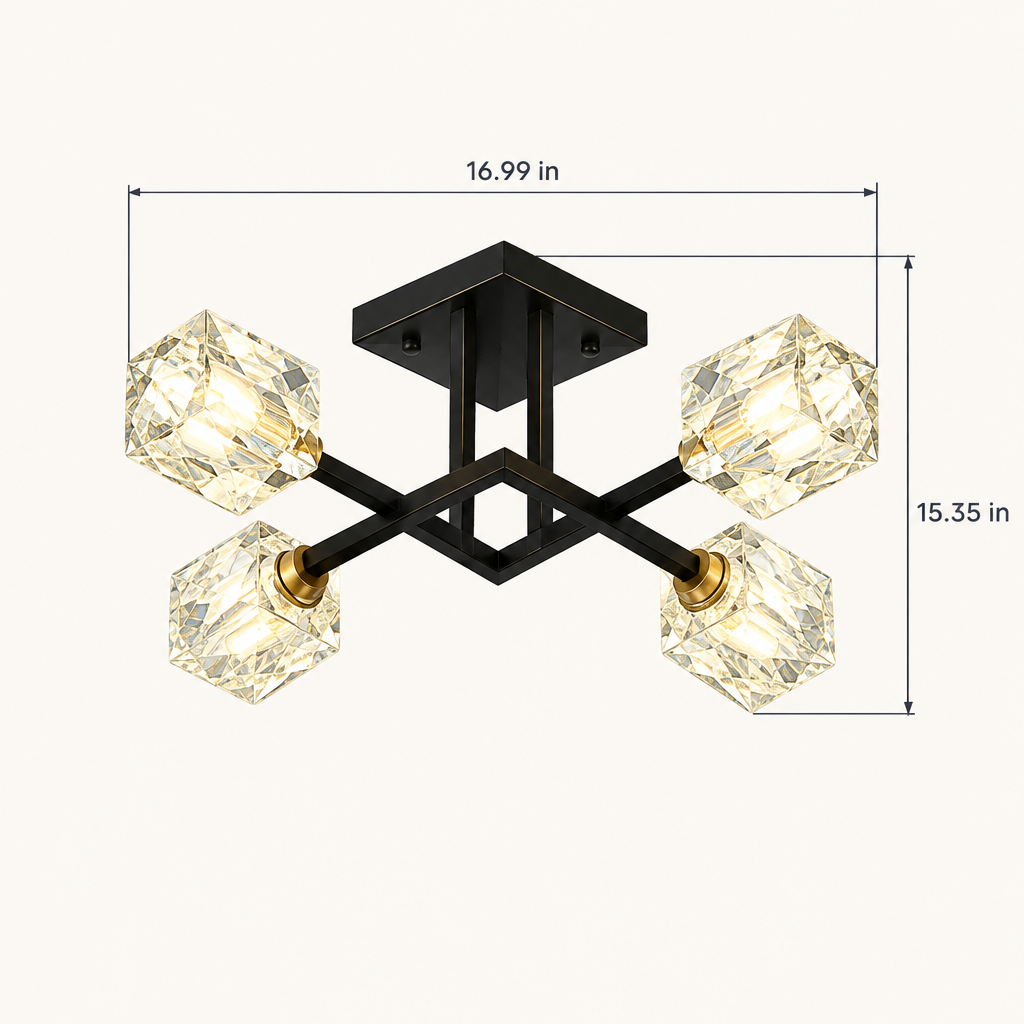 4-Light Matte Black Crystal Flush Mount Ceiling Light dimensions