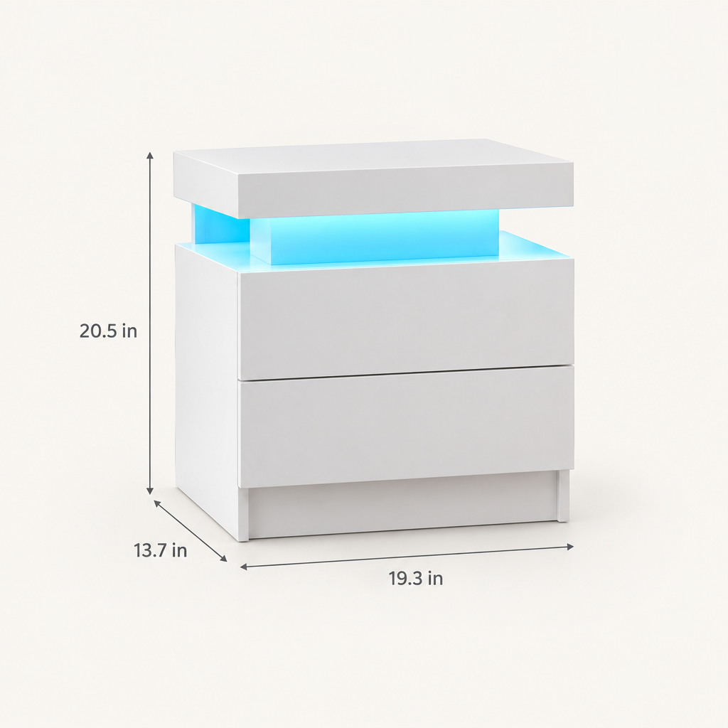 LED Nightstand with 2 Drawers, White Bedside Table dimensions