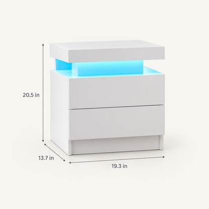 LED Nightstand with 2 Drawers, White Bedside Table dimensions