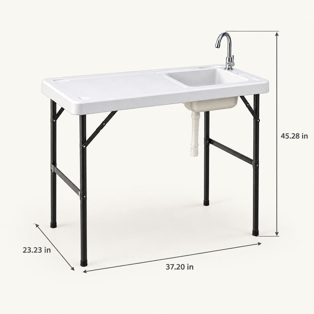 Folding Fish Cleaning Table with Sink and Faucet, Off White dimensions
