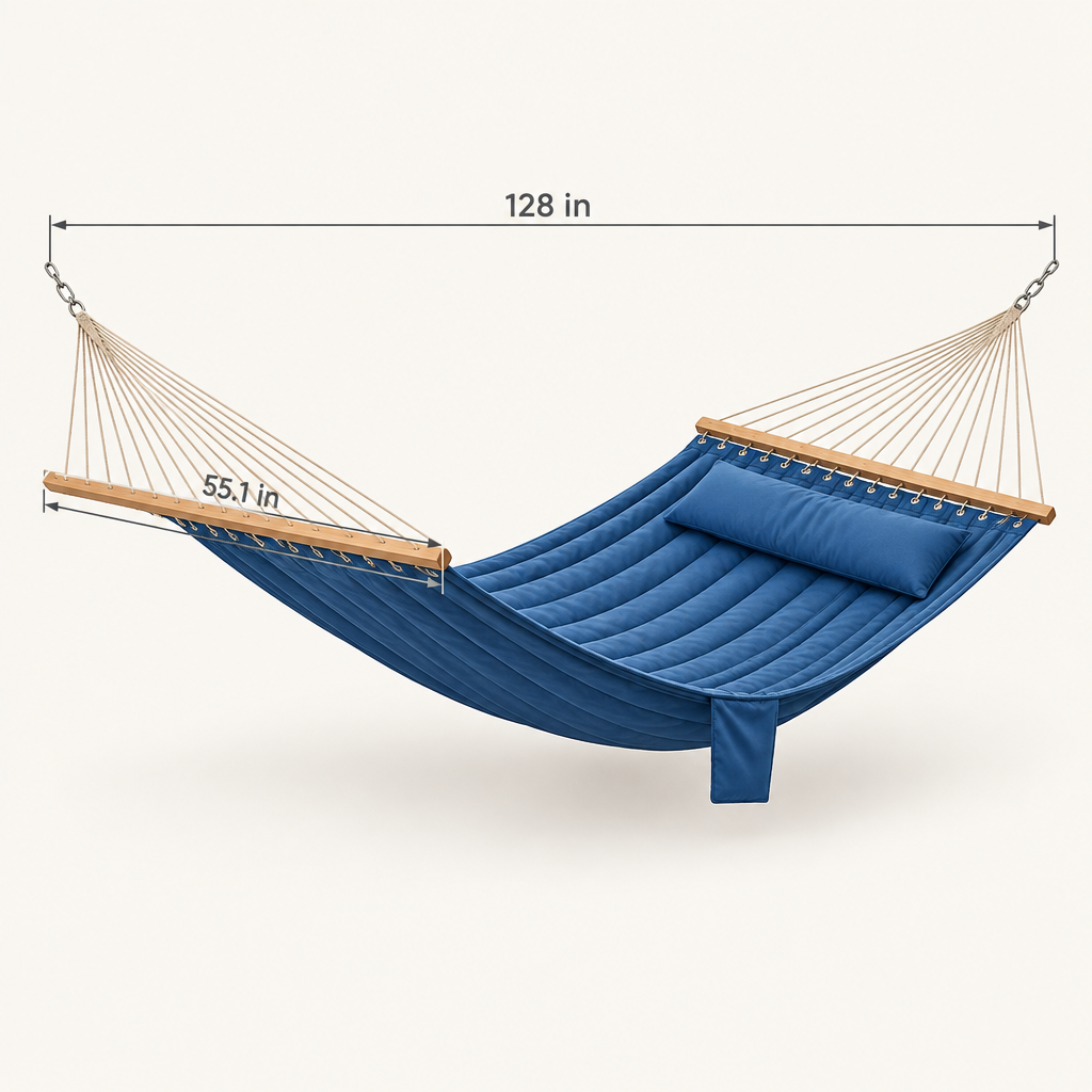 2-Person Quilted Outdoor Hammock with Pillow, Navy Blue dimensions