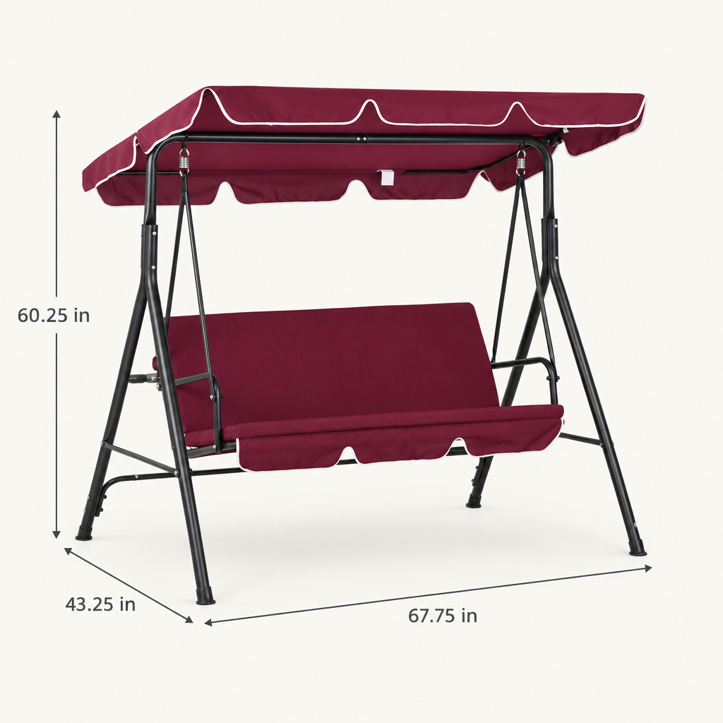 3-Seat Patio Swing with Tilt Canopy and Cushion, Wine Red dimensions