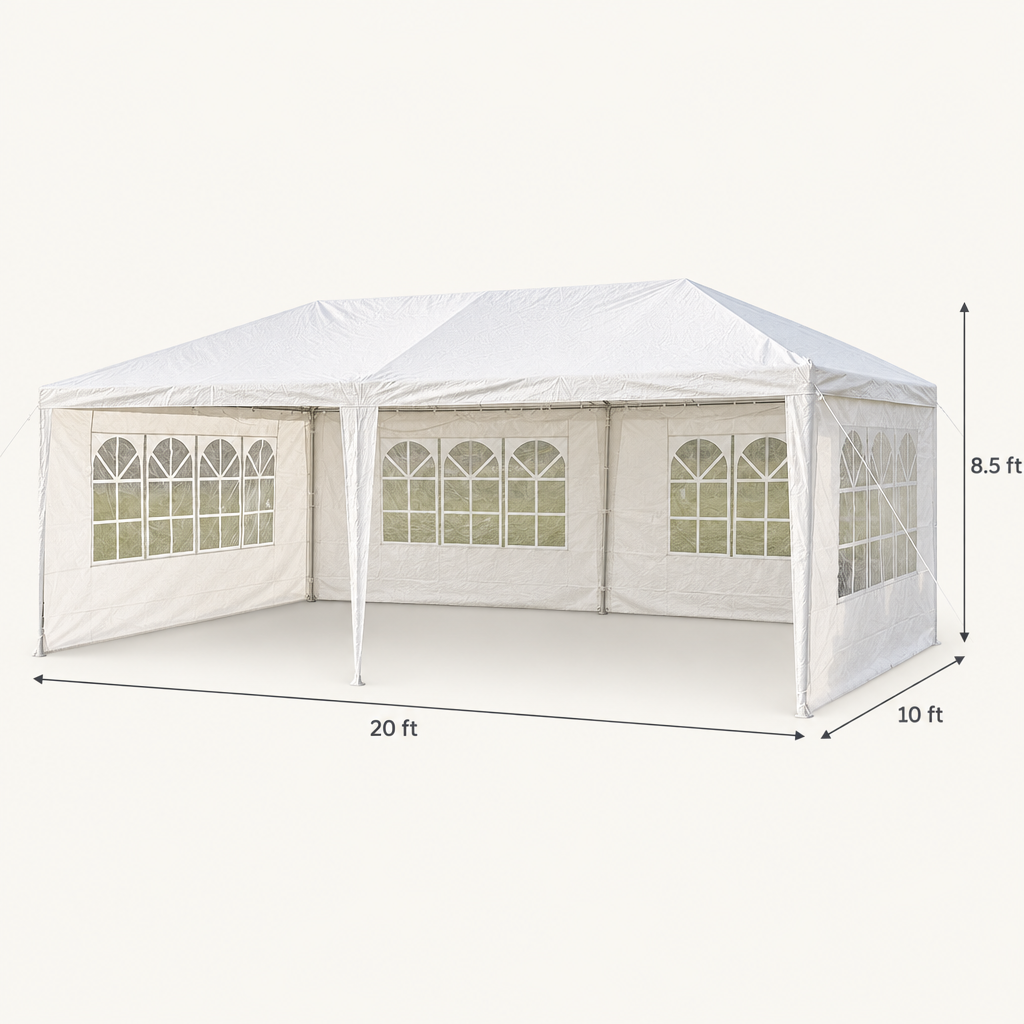 10 x 20 ft Party Tent with 4 Removable Sidewalls, White dimensions