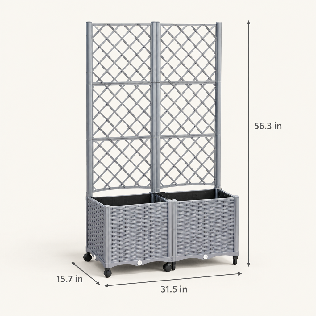 Self-Watering Planter Box with Trellis and Wheels, Gray dimensions