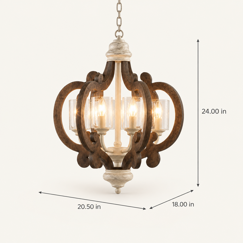 6-Light Wood Chandelier, Cream, 20.5 x 18 x 24 in dimensions