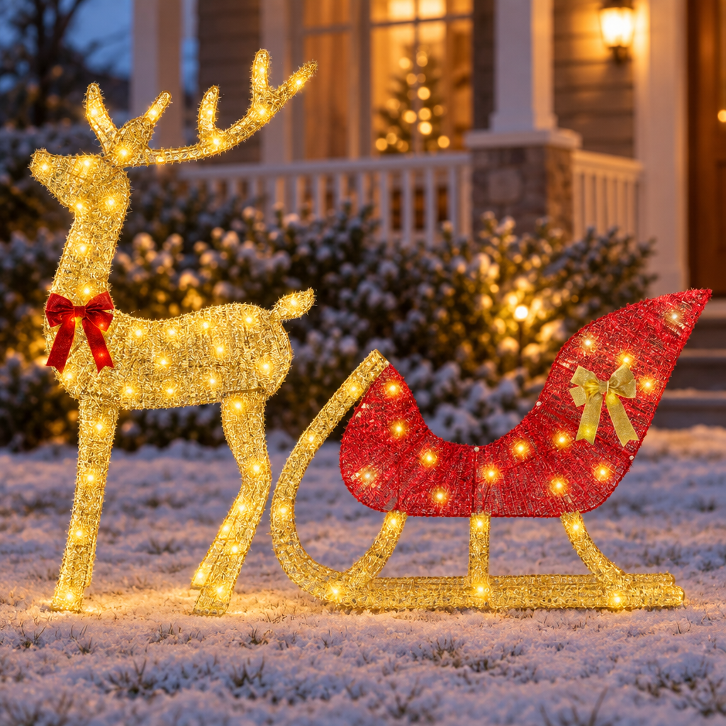 Lighted Reindeer and Sleigh Christmas Decoration, Indoor/Outdoor