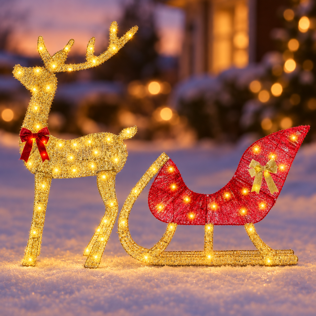 Lighted Reindeer and Sleigh Christmas Decoration, Indoor/Outdoor