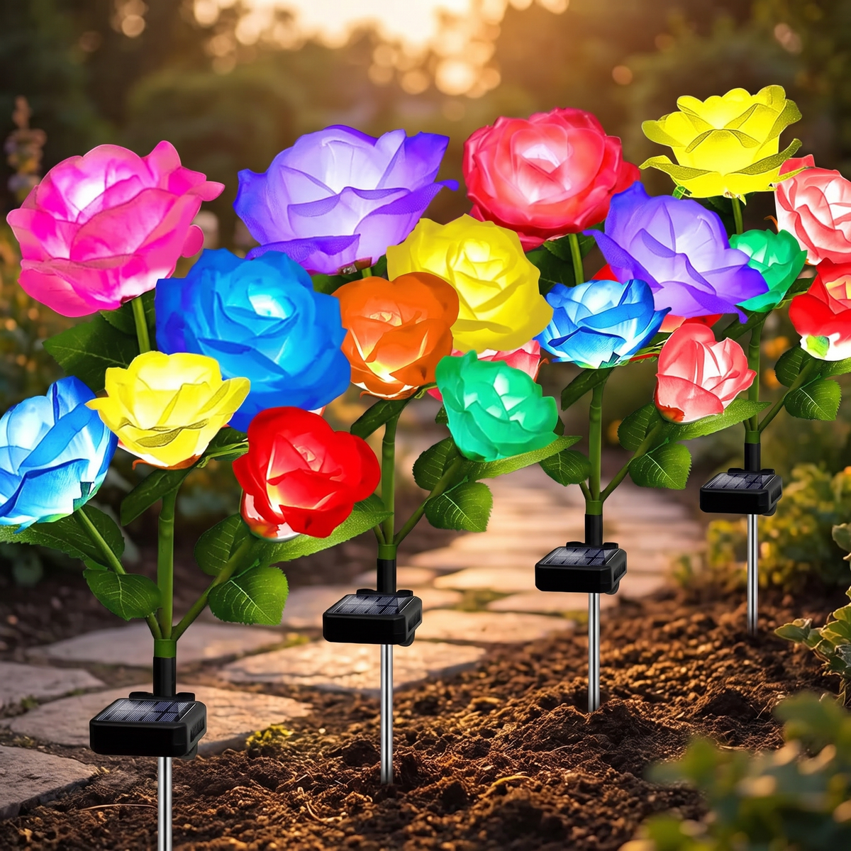 Solar Garden Stake Lights, 4 Pack, Multi-Color LED