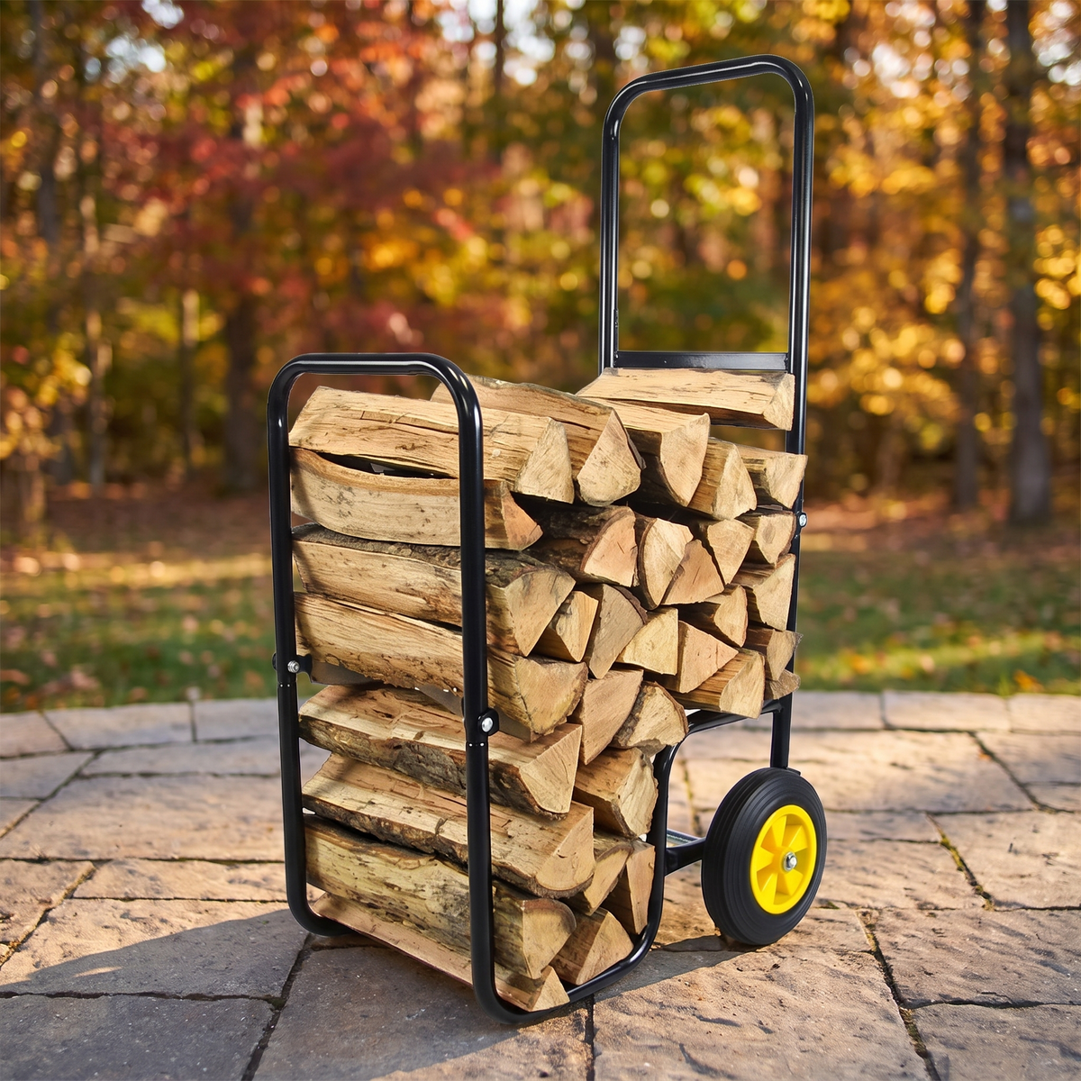 Wheeled Firewood Log Cart Carrier, Iron Frame, Black