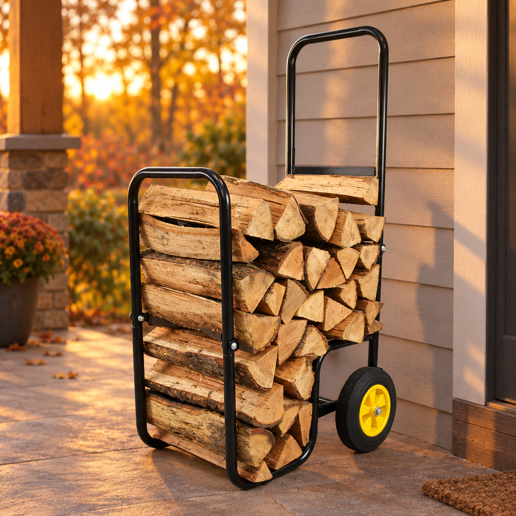 Wheeled Firewood Log Cart Carrier, Iron Frame, Black