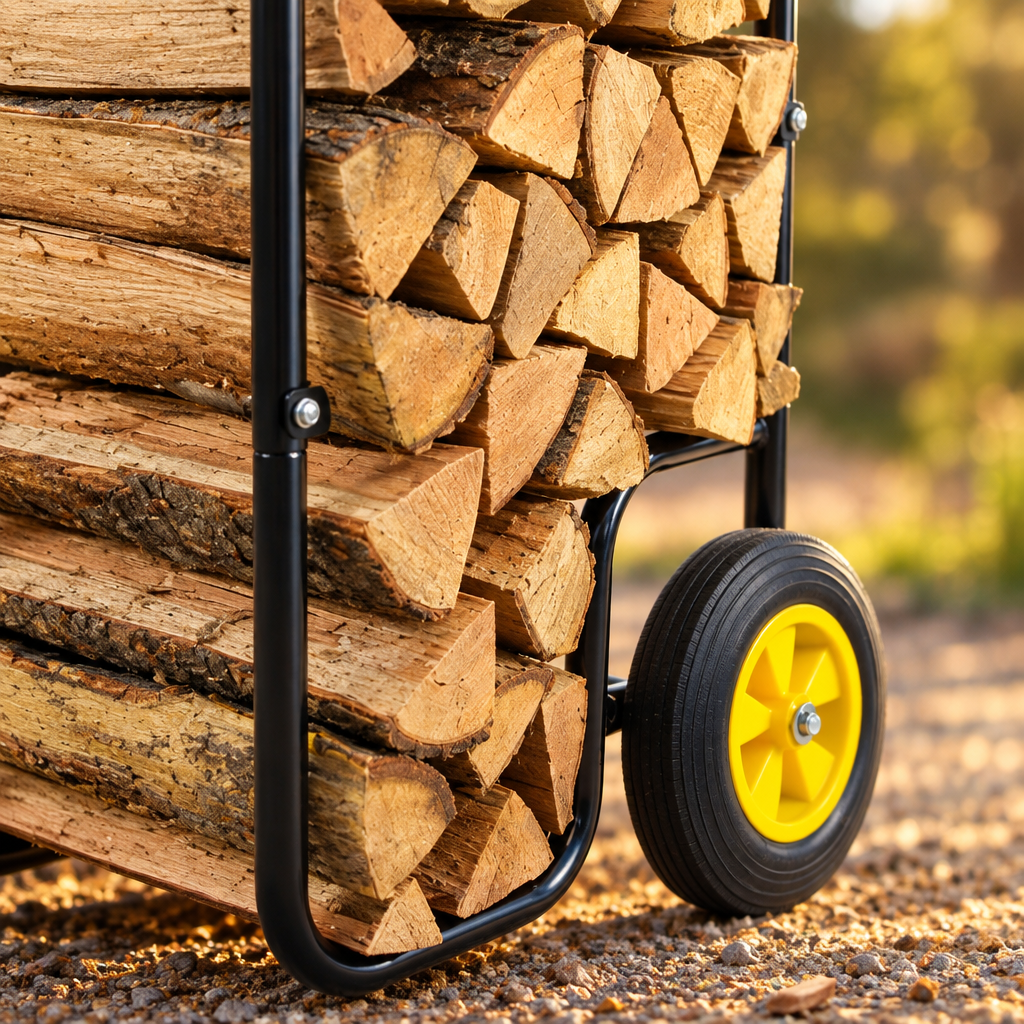 Wheeled Firewood Log Cart Carrier, Iron Frame, Black