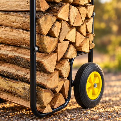 Wheeled Firewood Log Cart Carrier, Iron Frame, Black