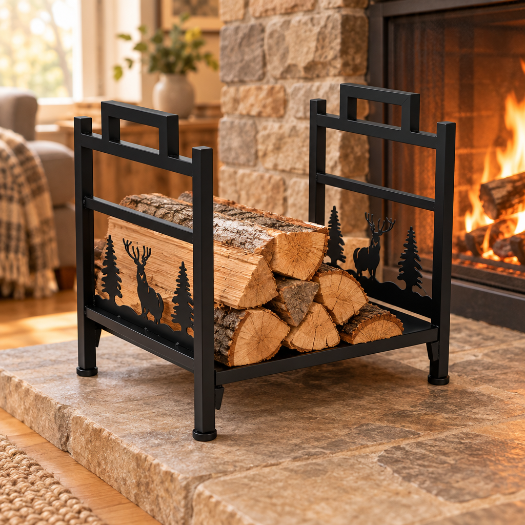 Firewood Log Rack, Galvanized Tubular Steel, Black