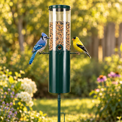 Standing Bird Feeder with Squirrel Baffle, 4 Ports, 51 in, Green