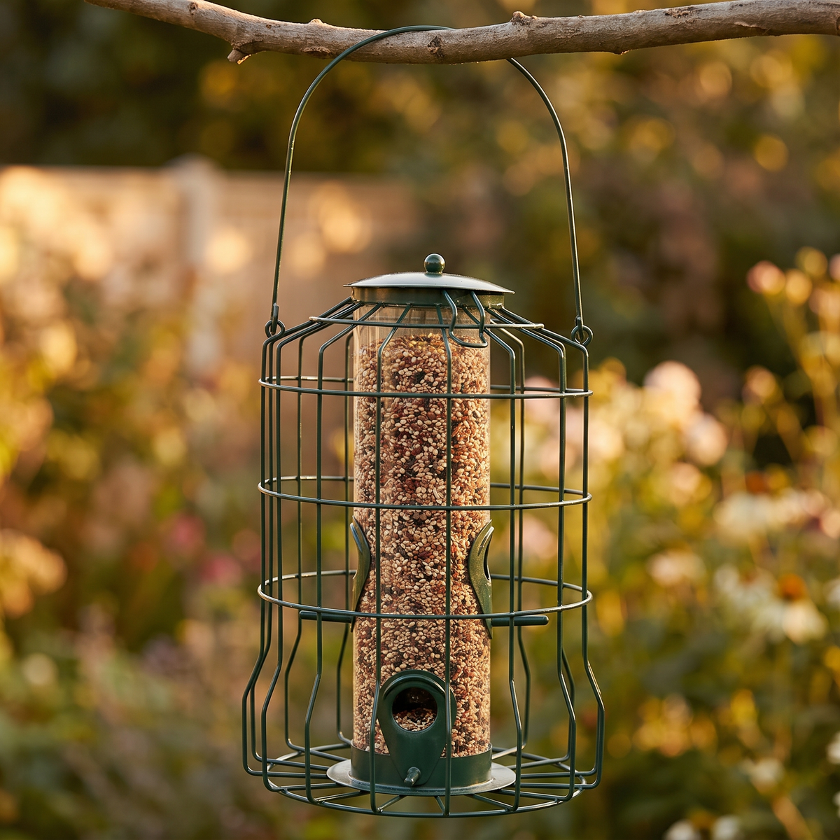 Hanging Wild Bird Feeder with Metal Cage, 4 Ports, Green
