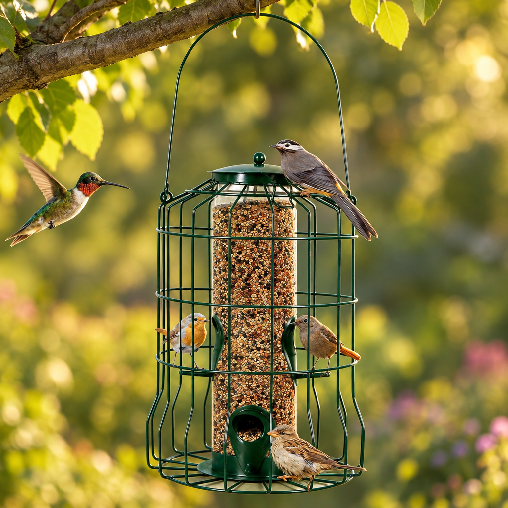 Hanging Wild Bird Feeder with Metal Cage, 4 Ports, Green