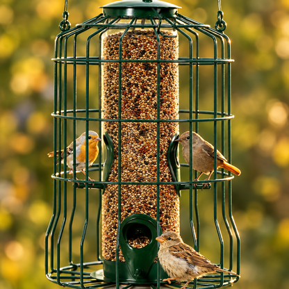 Hanging Wild Bird Feeder with Metal Cage, 4 Ports, Green