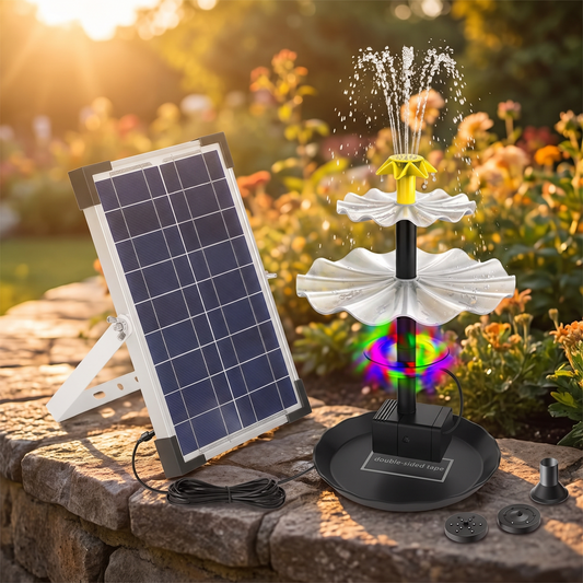 3-Tier Solar Fountain for Bird Baths, 6 W Panel, LED Lights, Black
