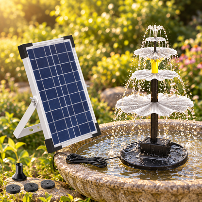 3-Tier Solar Fountain for Bird Baths, 6 W Panel, LED Lights, Black