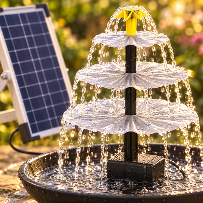 3-Tier Solar Fountain for Bird Baths, 6 W Panel, LED Lights, Black