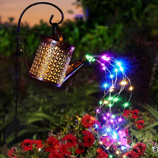 Solar Watering Can Garden Light, Hollow Metal, Brass-Tone
